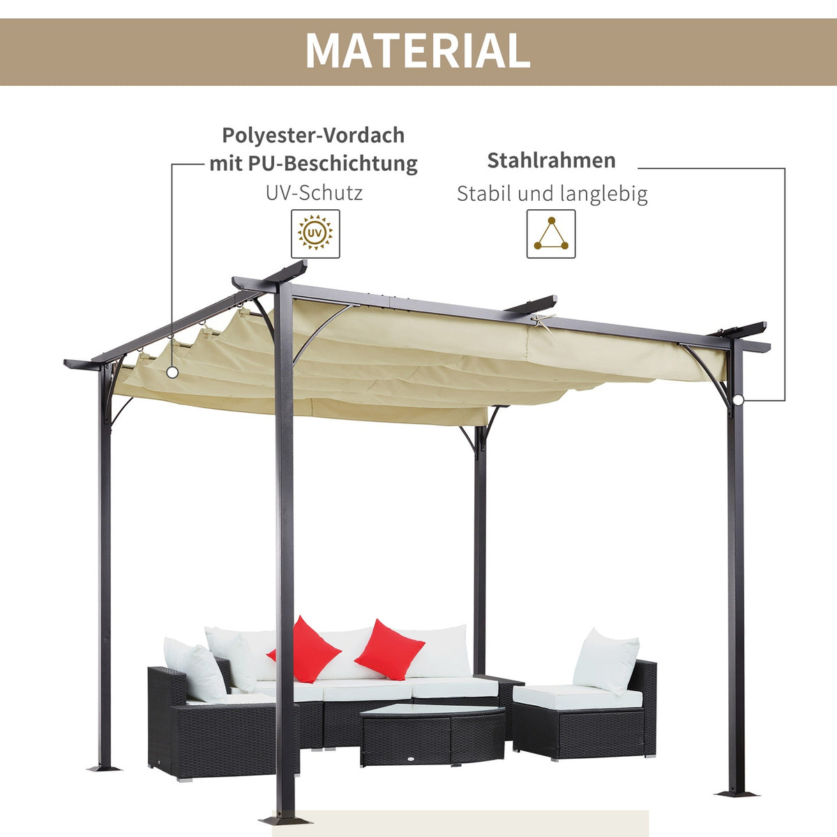 Pergola Waterproof Gazebo 3 X 3 M Patio Canopy With Sliding Roof, Uv Protection For Garden Aluminum Beige