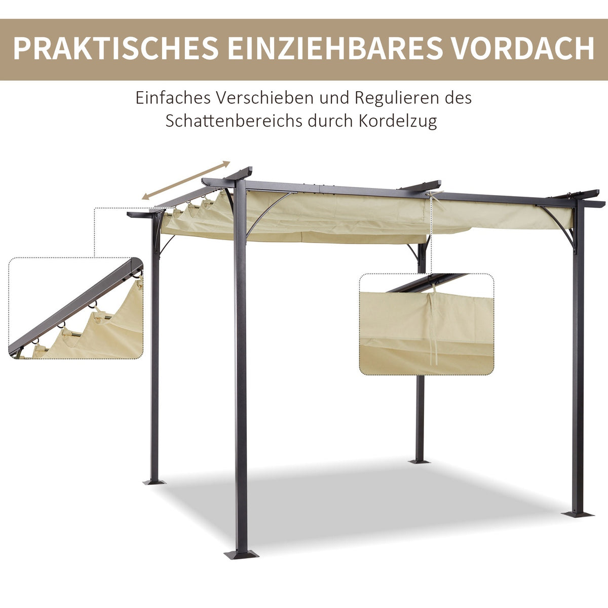 Pergola Waterproof Gazebo 3 X 3 M Patio Canopy With Sliding Roof, Uv Protection For Garden Aluminum Beige