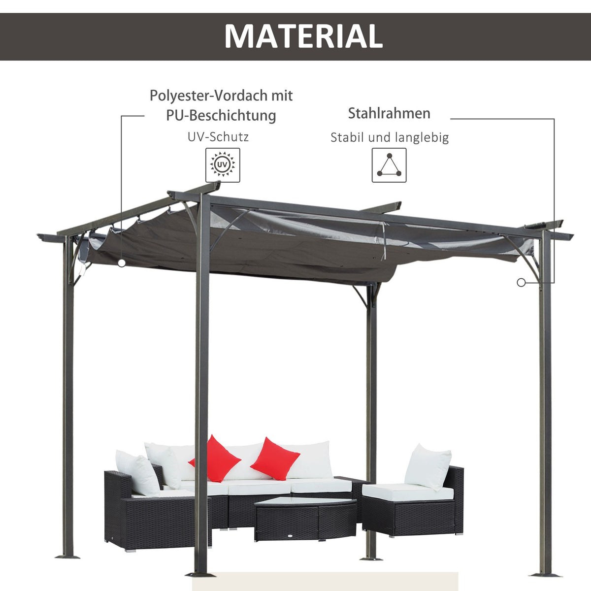 Pergola Waterproof Gazebo 3 X 3 M Patio Canopy With Sliding Roof, Uv Protection For Garden Metal Black + Gray