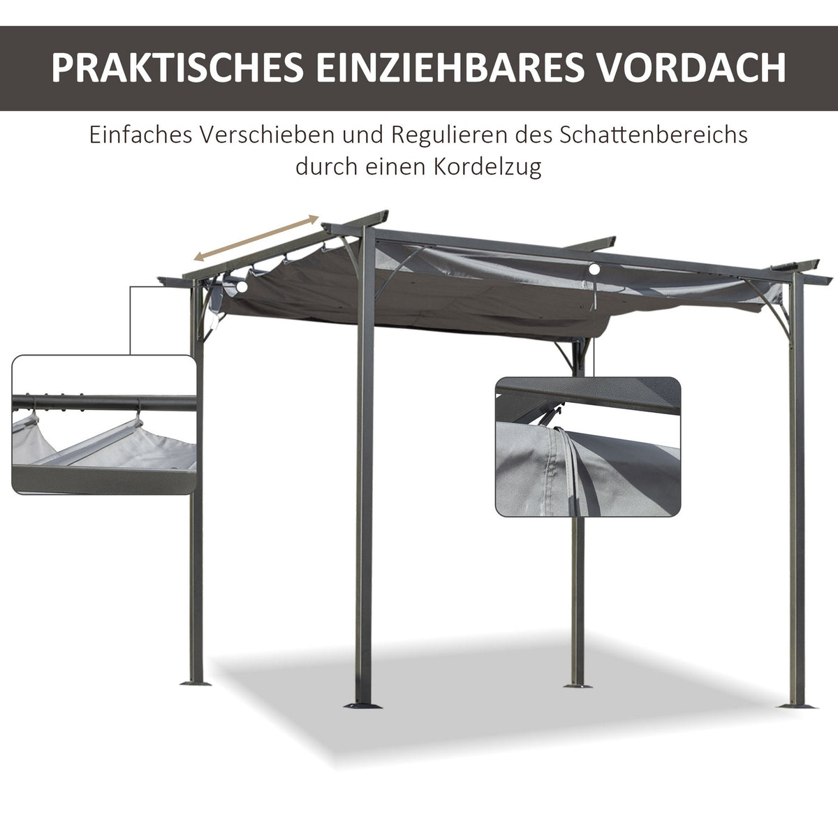 Pergola Waterproof Gazebo 3 X 3 M Patio Canopy With Sliding Roof, Uv Protection For Garden Metal Black + Gray
