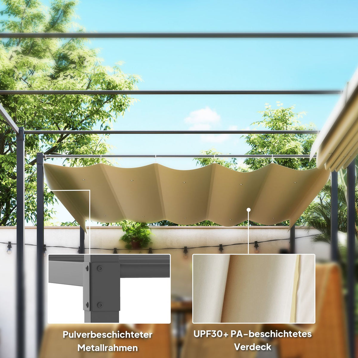 Pergola approx. 3x3m garden pavilion, metal patio roof, garden pavilion with adjustable roof, free-standing, UV protection 30+, for terrace and garden, beige