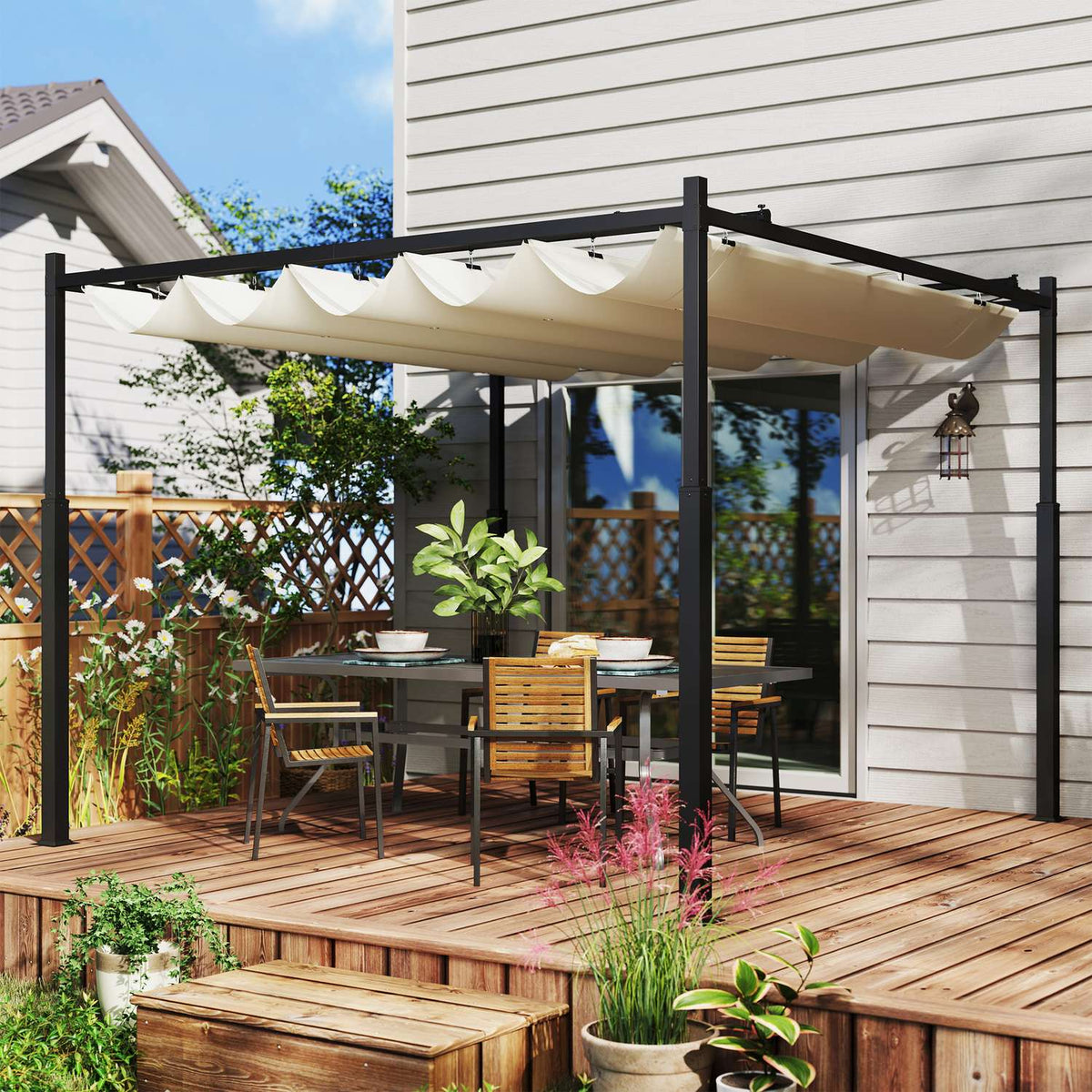 Pergola approx. 3x3m garden pavilion, patio roof made of metal, garden pavilion with adjustable roof, free-standing, UV protection 30+, for terrace and garden, cream white
