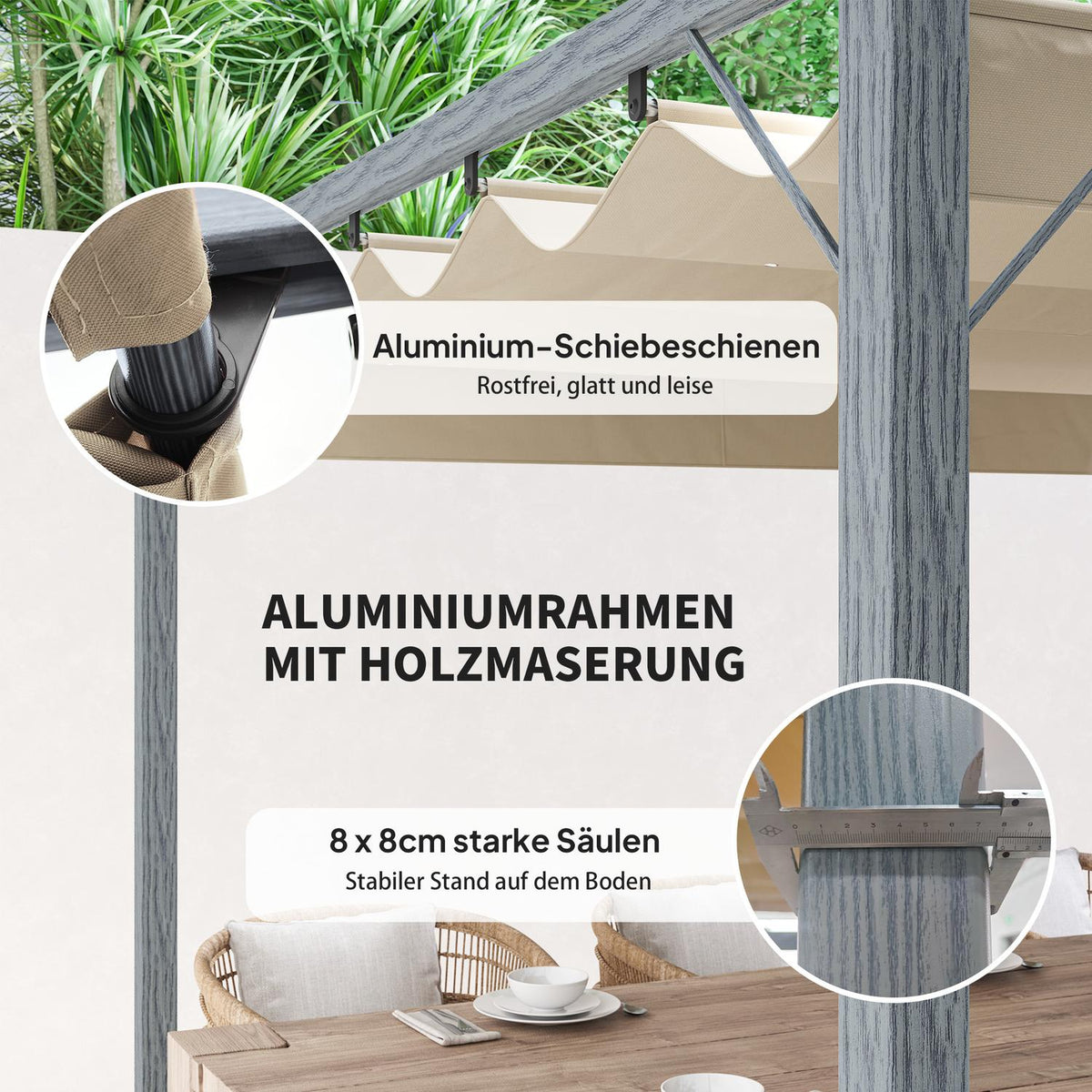 Pergola approx. 3x3m garden pavilion with magnetic pad, patio roof made of aluminum, garden pavilion with adjustable roof, free-standing, UV protection 30+, for terrace and garden, gray