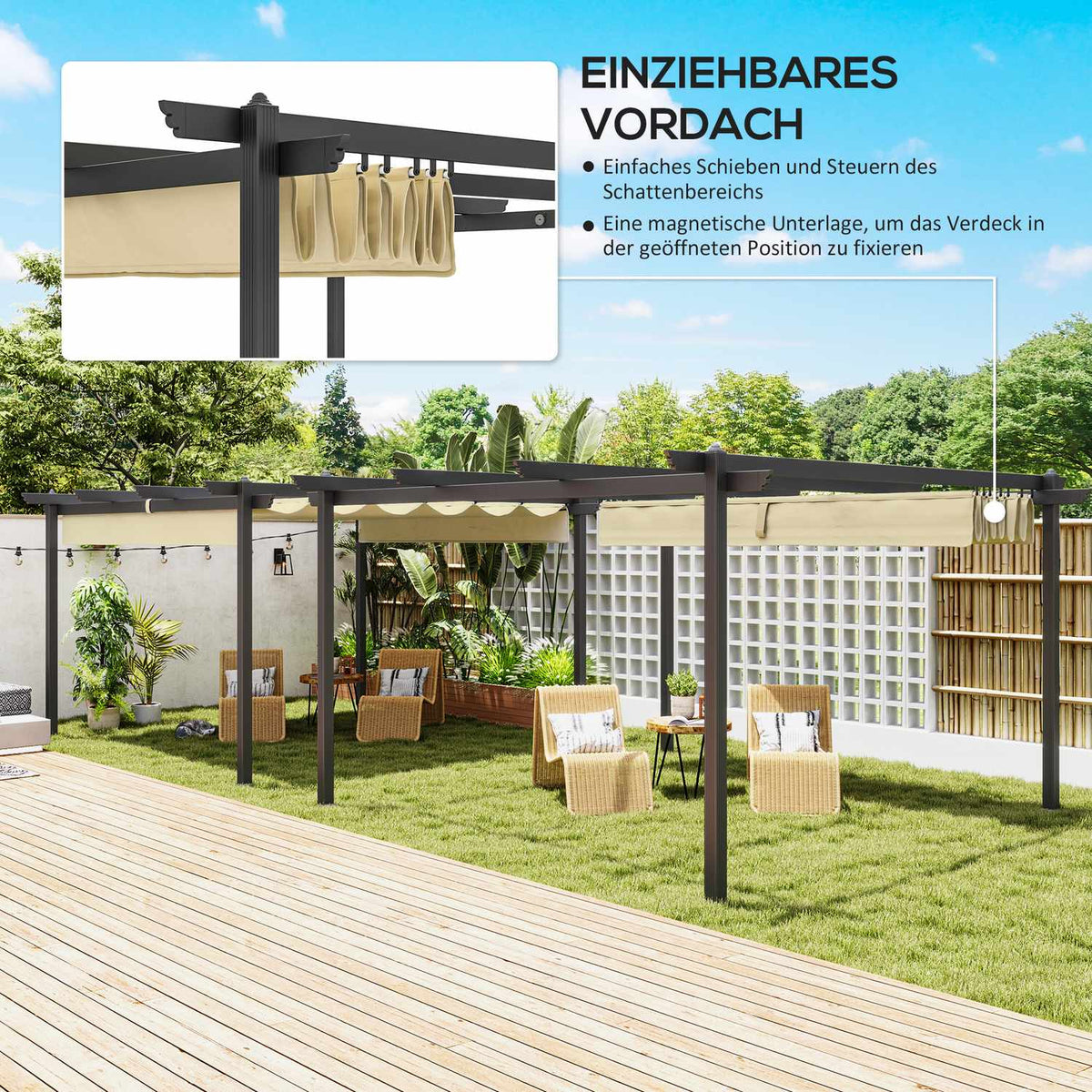 Pergola approx. 4x4m garden pavilion, patio roof made of aluminum, garden pavilion with adjustable roof, free-standing, sun protection for terrace and garden, beige