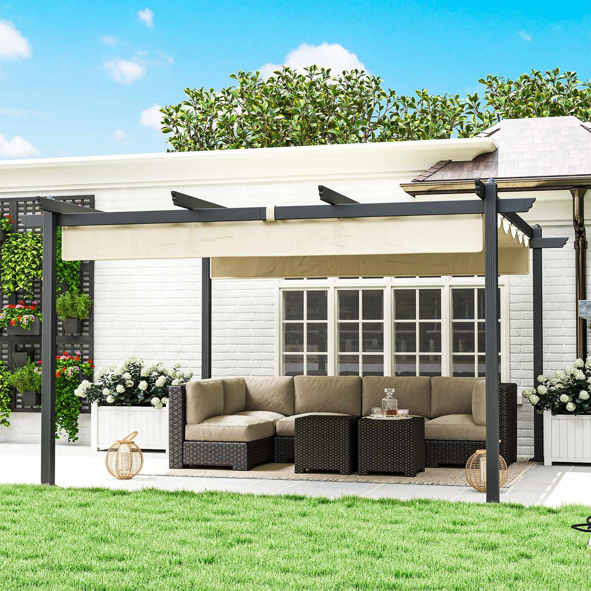 Pergola approx. 4x4m garden pavilion, patio roof made of aluminum, garden pavilion with adjustable roof, free-standing, sun protection for terrace and garden, beige