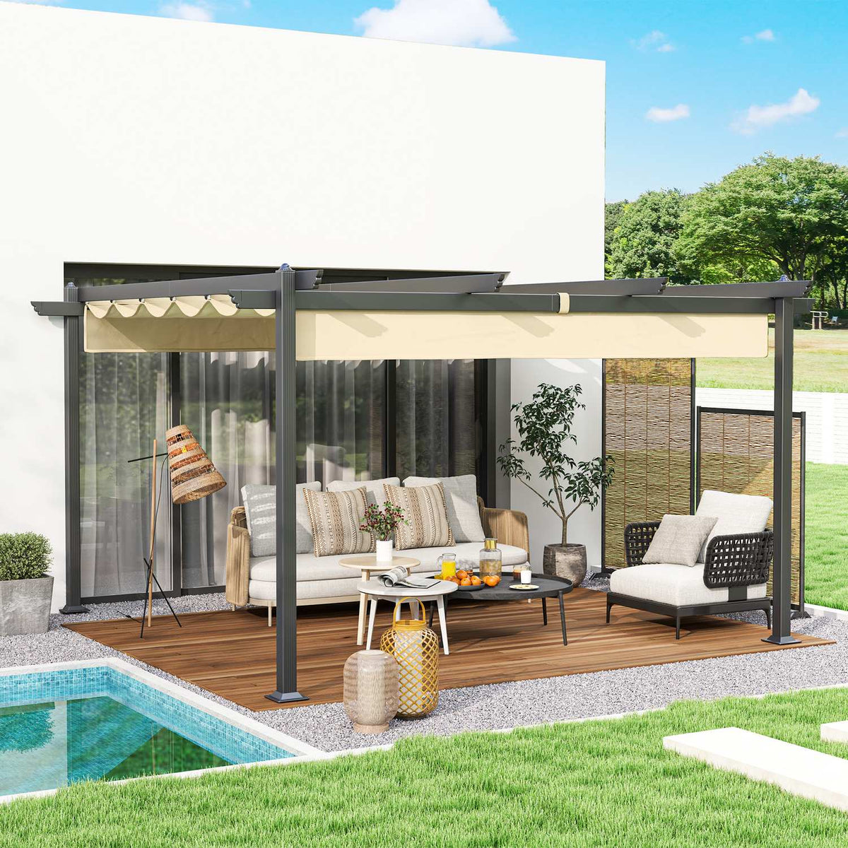 Pergola approx. 4x4m garden pavilion, patio roof made of aluminum, garden pavilion with adjustable roof, free-standing, sun protection for terrace and garden, beige
