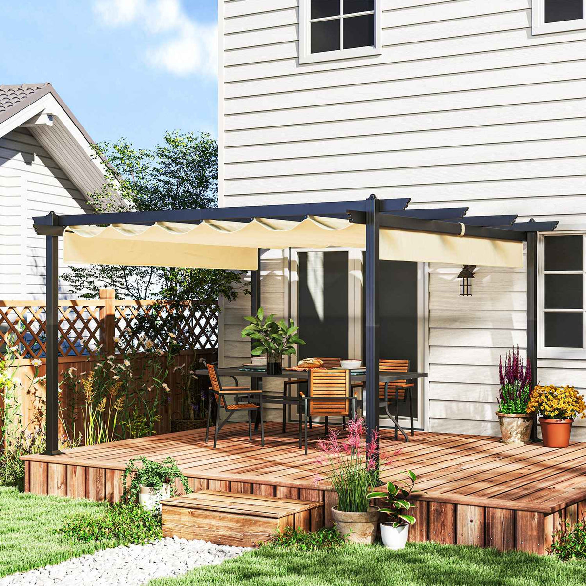 Pergola approx. 4x4m garden pavilion, patio roof made of aluminum, garden pavilion with adjustable roof, free-standing, sun protection for terrace and garden, beige