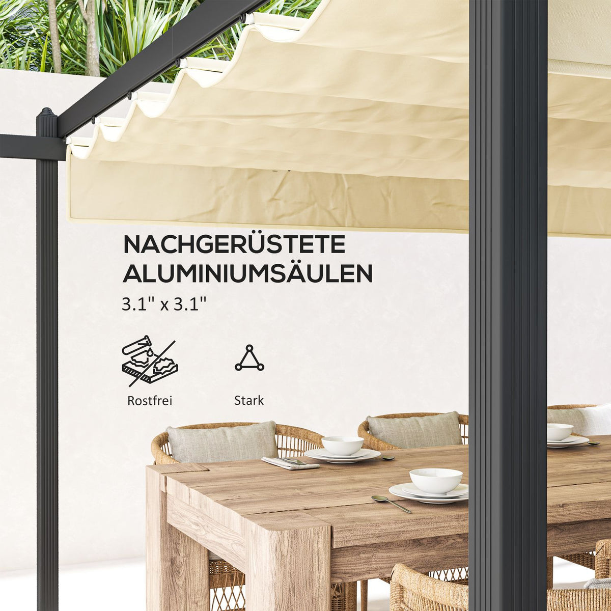Pergola approx. 4x4m garden pavilion, patio roof made of aluminum, garden pavilion with adjustable roof, free-standing, sun protection for terrace and garden, beige