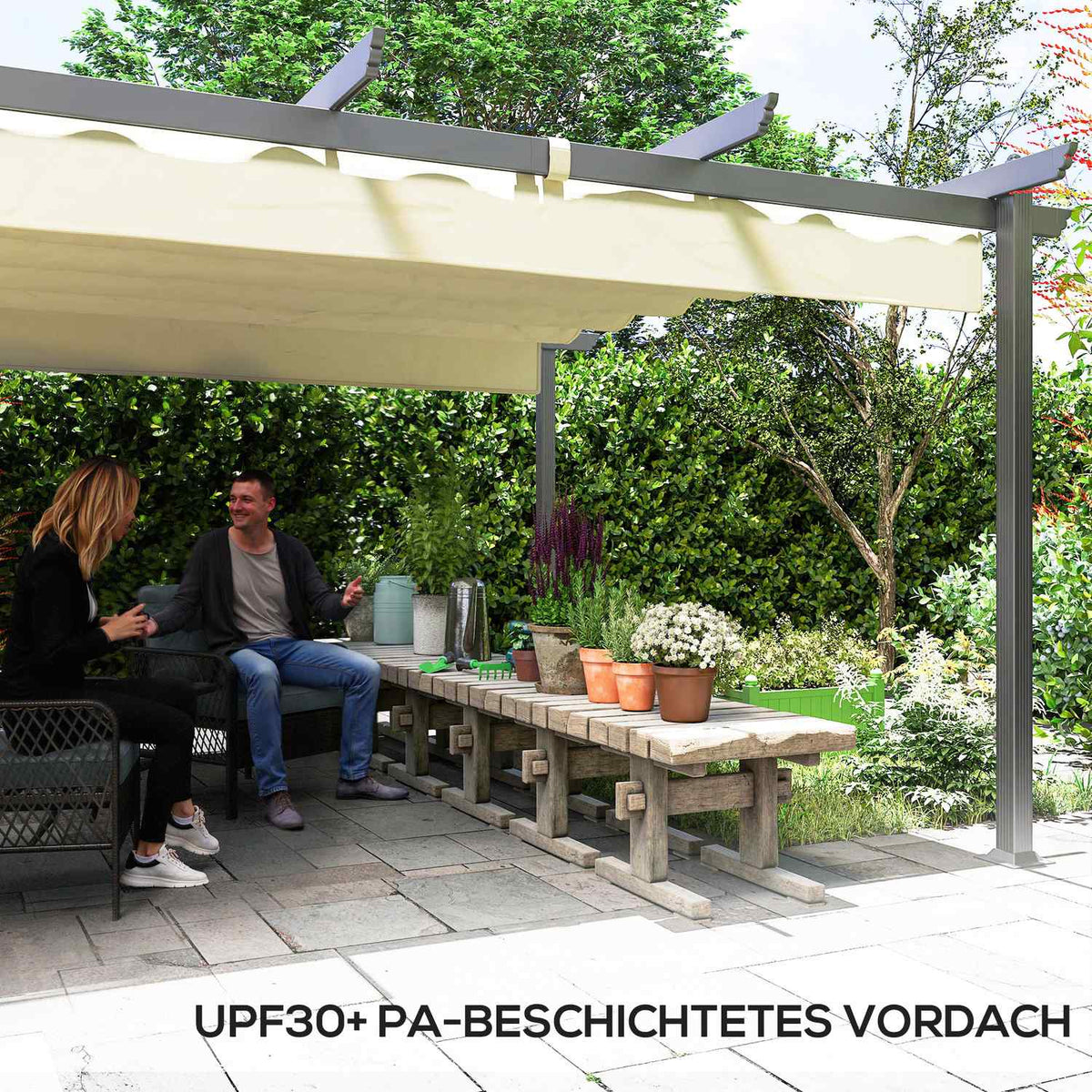 Pergola approx. 4x4m garden pavilion, patio roof made of aluminum, garden pavilion with adjustable roof, free-standing, sun protection for terrace and garden, beige
