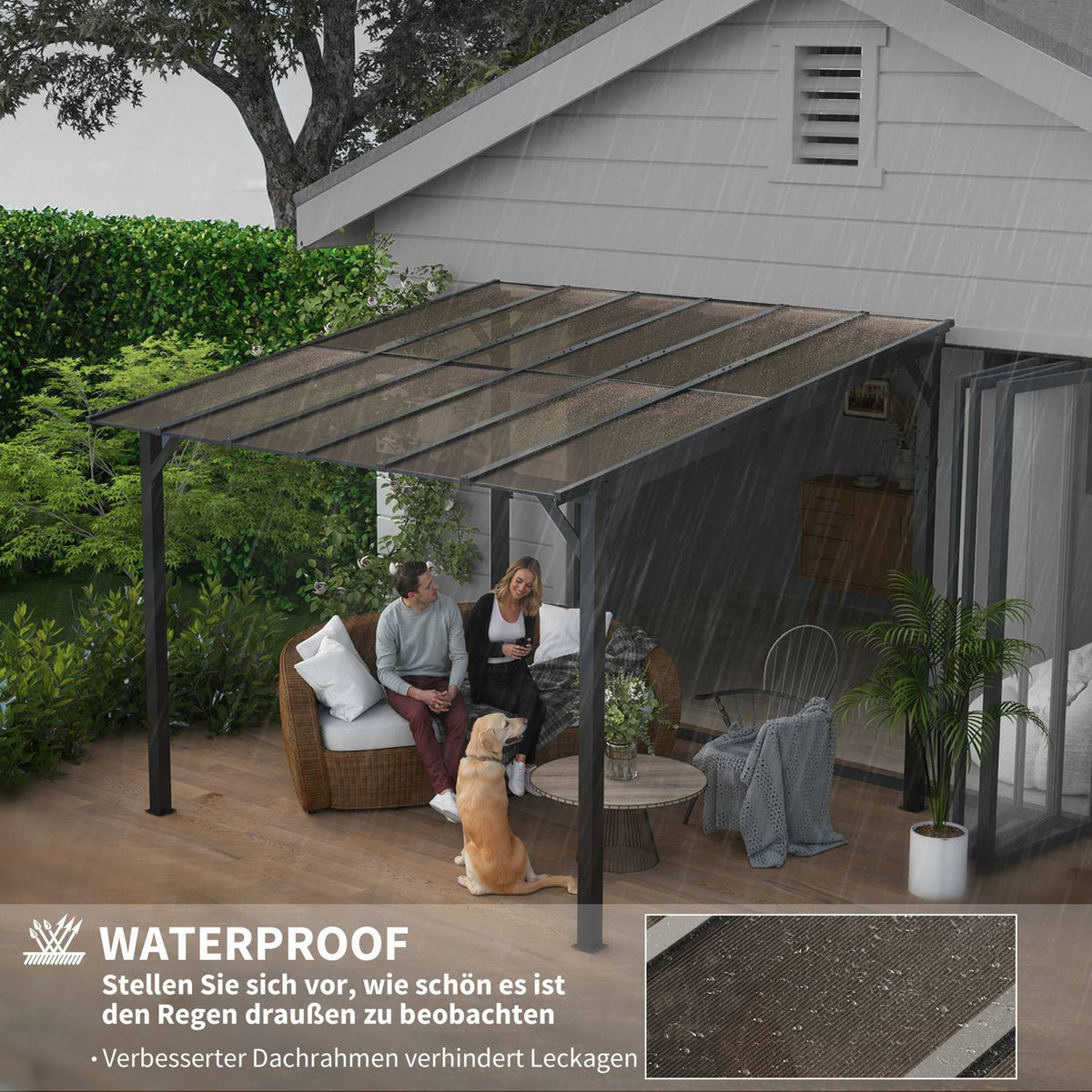 Pergola pavilion approx. 3x3m, waterproof, stable, winterproof patio canopy with UV protection 50+, wall-mounted garden pavilion made of metal, sun protection for garden, terrace, balcony, dark gray