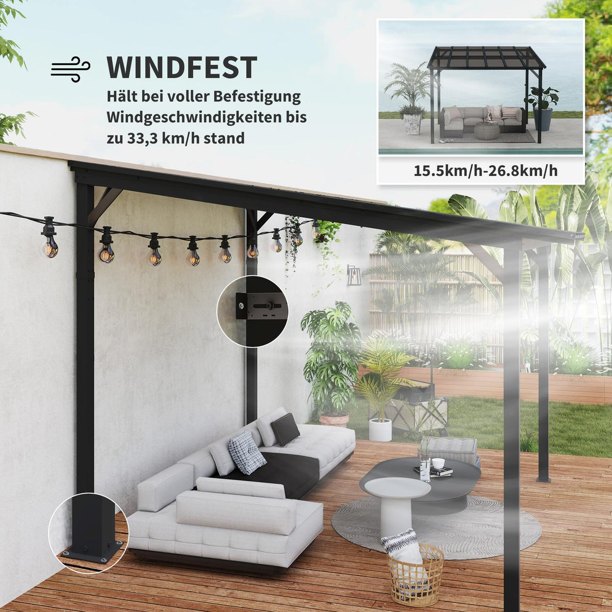 Pergola pavilion approx. 3x3m, waterproof, stable, winterproof patio canopy with UV protection 50+, wall-mounted garden pavilion made of metal, sun protection for garden, terrace, balcony, dark gray