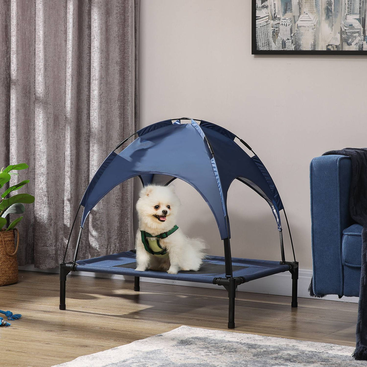 Pet Bed Outdoor Canopy Raised Mesh Uv Protection Dark Blue Medium Dogs