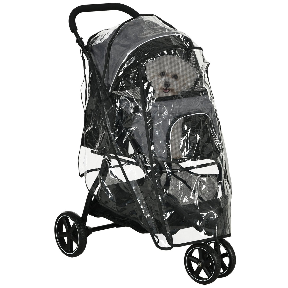 Pet Buggy Rain Cover Safety Leash Storage Basket Foldable Small Dogs Oxford Gray