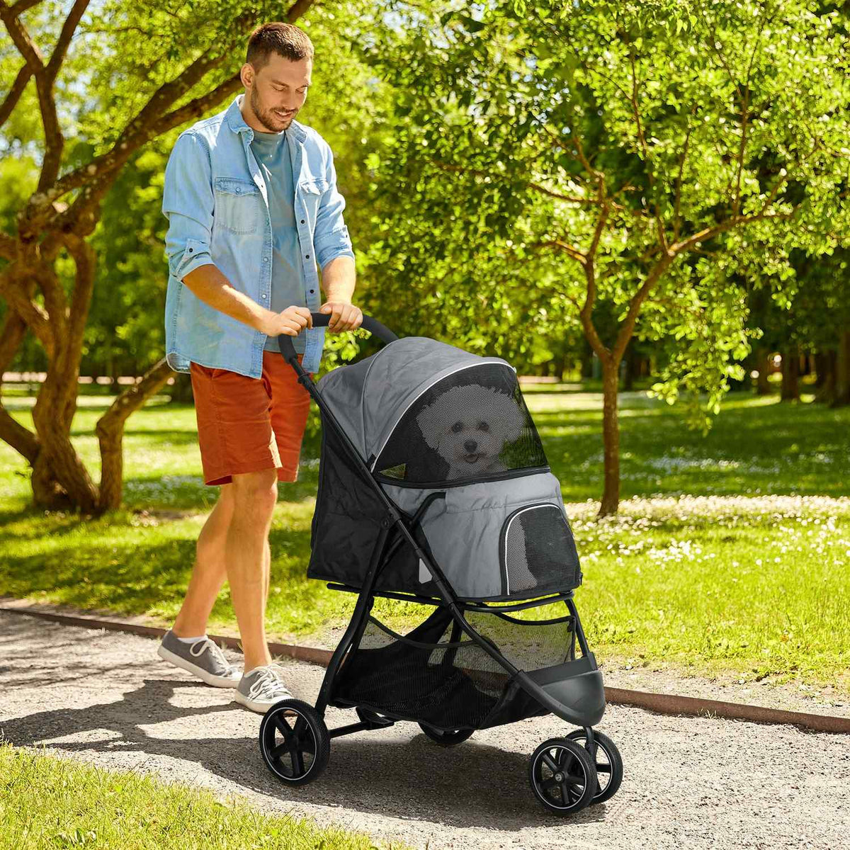 Pet Buggy Rain Cover Safety Leash Storage Basket Foldable Small Dogs Oxford Gray