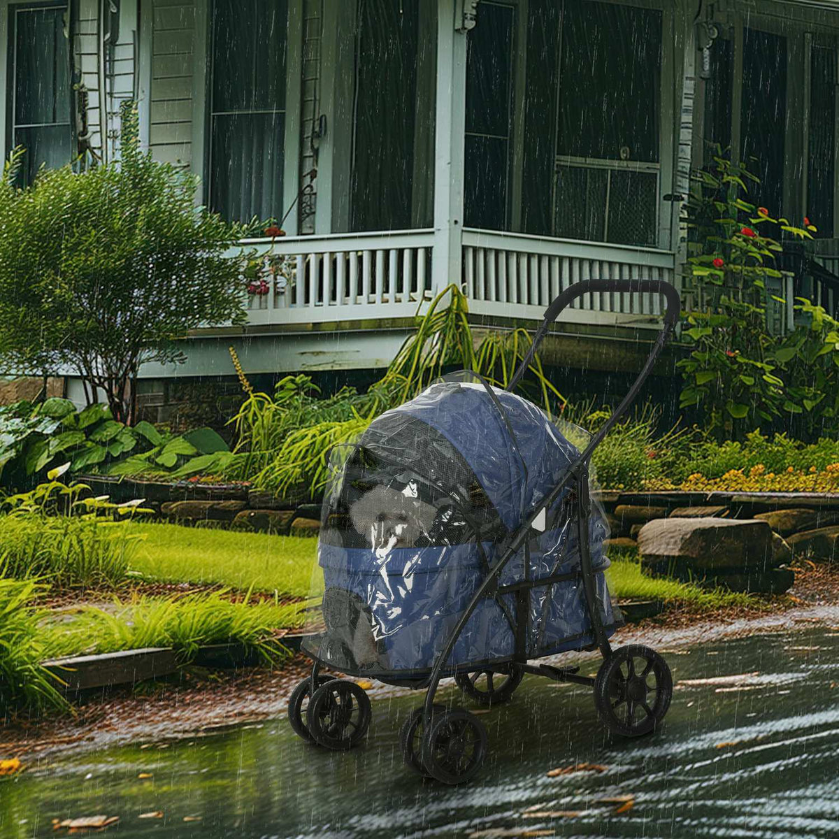 Pet Cart 2-In-1 Rain Cover Foldable Cat Cart Safety Leashes Small Dogs/Cats Oxford Dark Blue