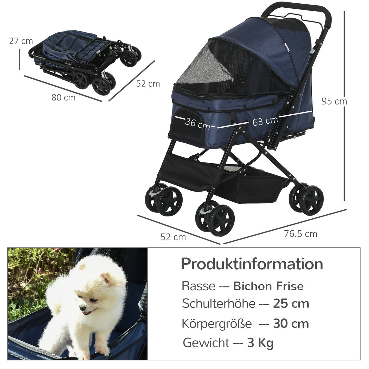 Pet Cart Cat Buggy Oxford Blue 76.5X52X95Cm Small Dogs & Cats