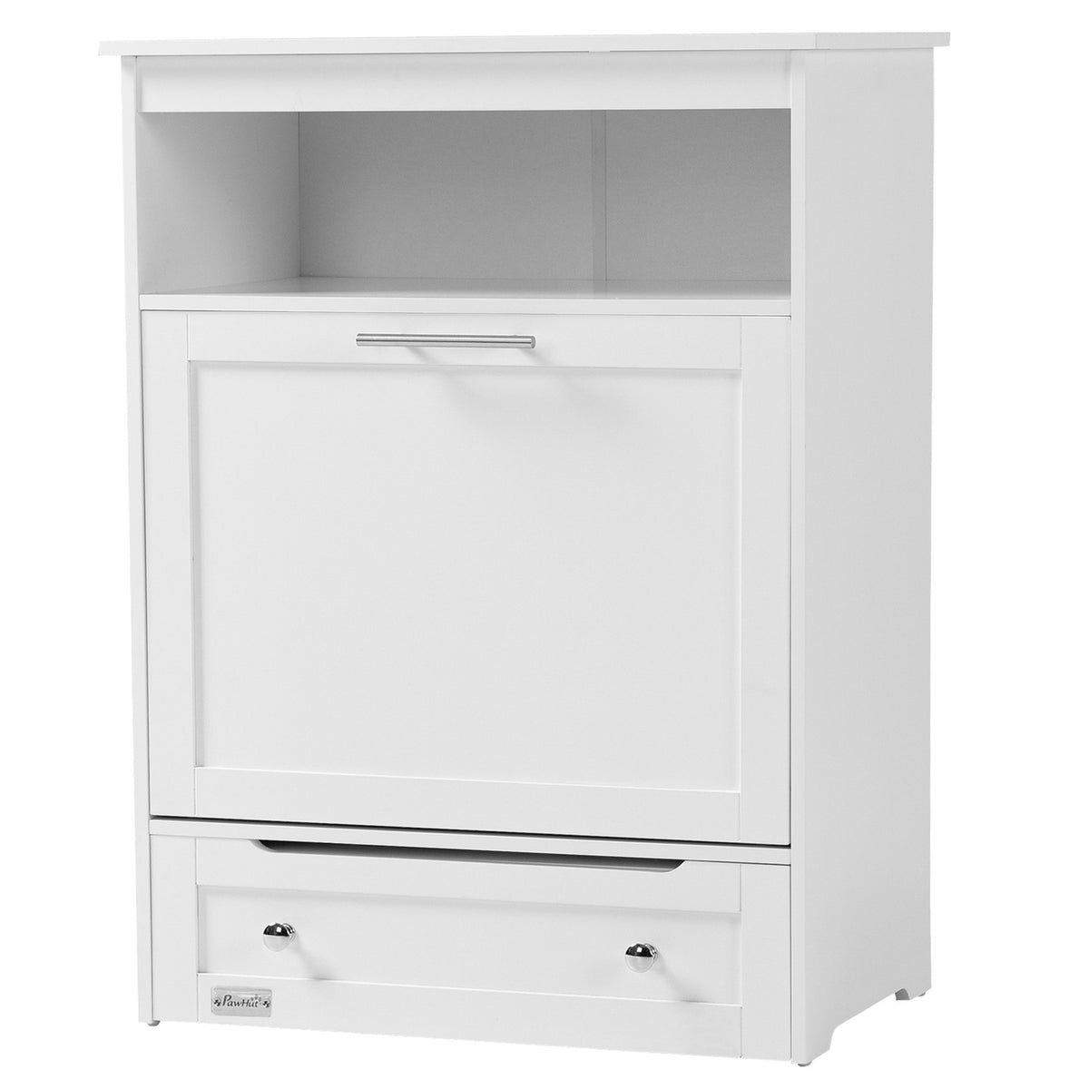 Pet Feeding Cabinet with 2 Stainless Steel Bowls, 3 Hooks, Pet Food Cabinet with Storage Cabinet, Open Compartment & Tilt Door, Dog Feeding Station for Dogs, 61 x 35.5 x 82 cm, White