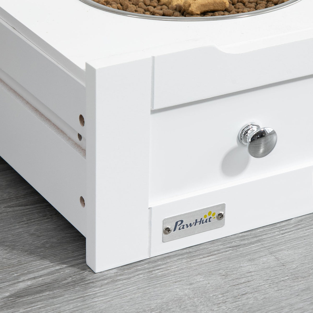 Pet Feeding Cabinet with 2 Stainless Steel Bowls, 3 Hooks, Pet Food Cabinet with Storage Cabinet, Open Compartment & Tilt Door, Dog Feeding Station for Dogs, 61 x 35.5 x 82 cm, White