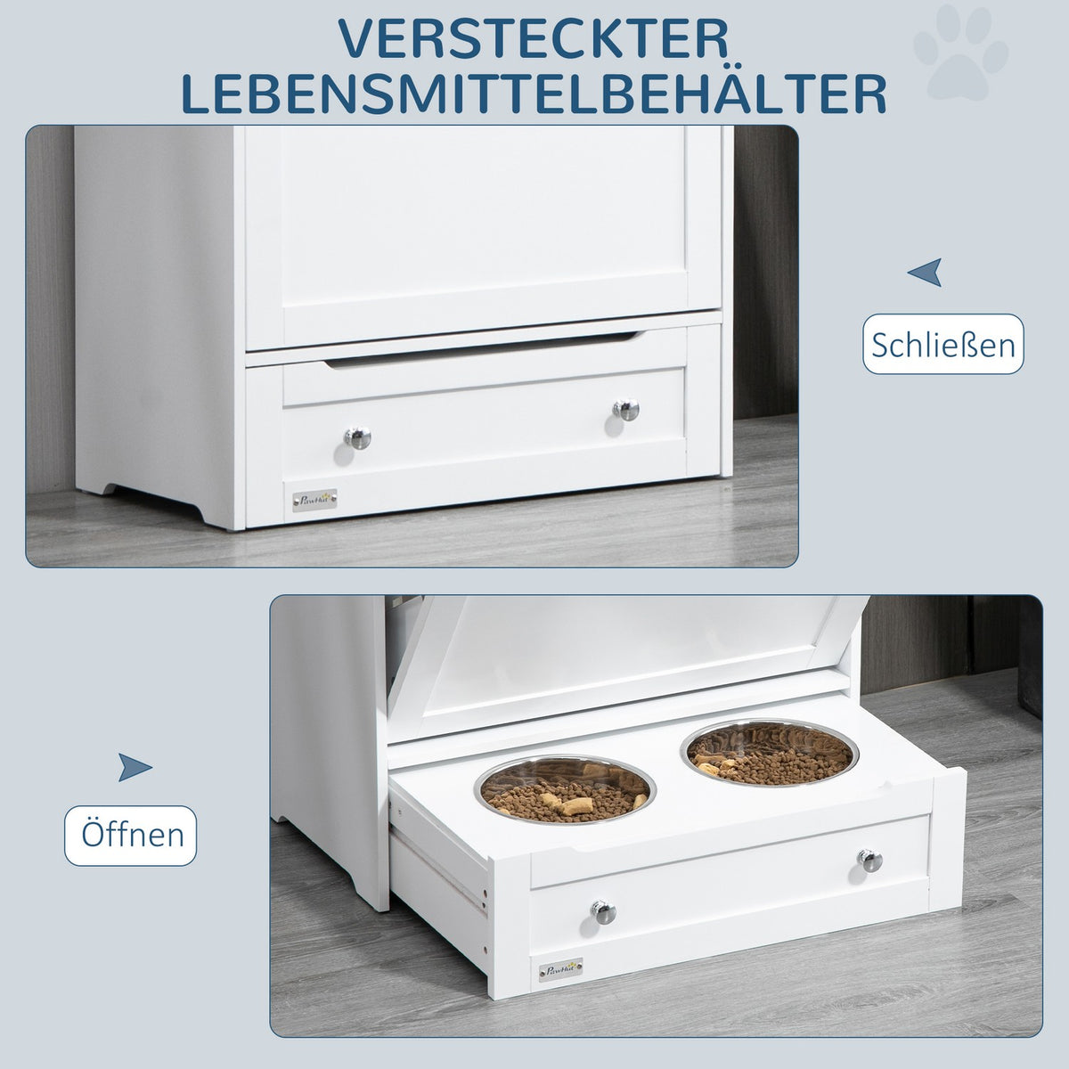 Pet Feeding Cabinet with 2 Stainless Steel Bowls, 3 Hooks, Pet Food Cabinet with Storage Cabinet, Open Compartment & Tilt Door, Dog Feeding Station for Dogs, 61 x 35.5 x 82 cm, White
