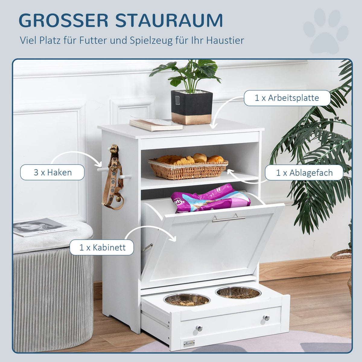 Pet Feeding Cabinet with 2 Stainless Steel Bowls, 3 Hooks, Pet Food Cabinet with Storage Cabinet, Open Compartment & Tilt Door, Dog Feeding Station for Dogs, 61 x 35.5 x 82 cm, White