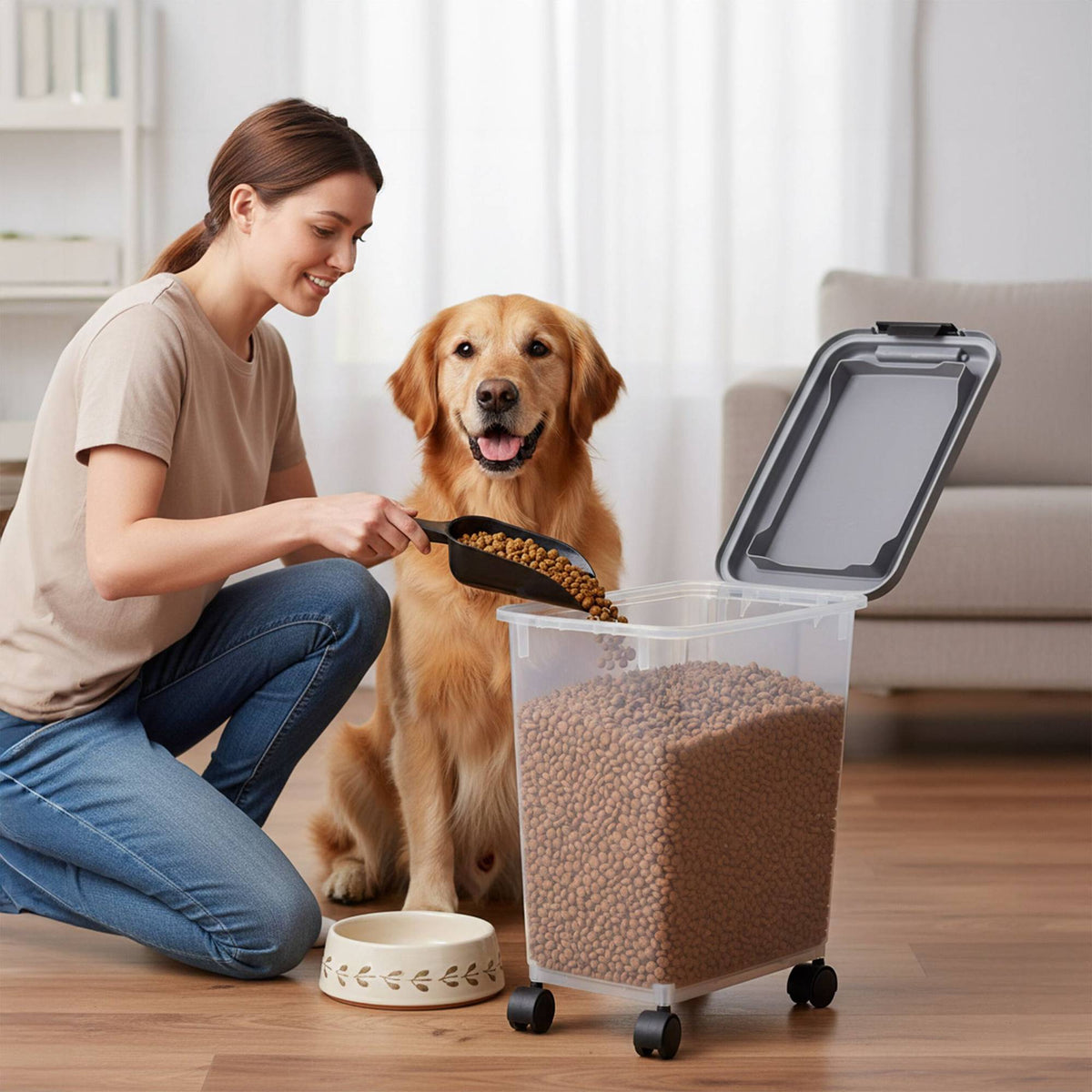 Pet Food Storage Box with Castors and Scoop, 20L