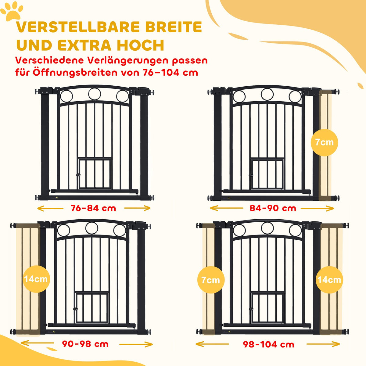 Pet Gate, 77 cm, Adjustable 76-104 cm, Cat Door, Black