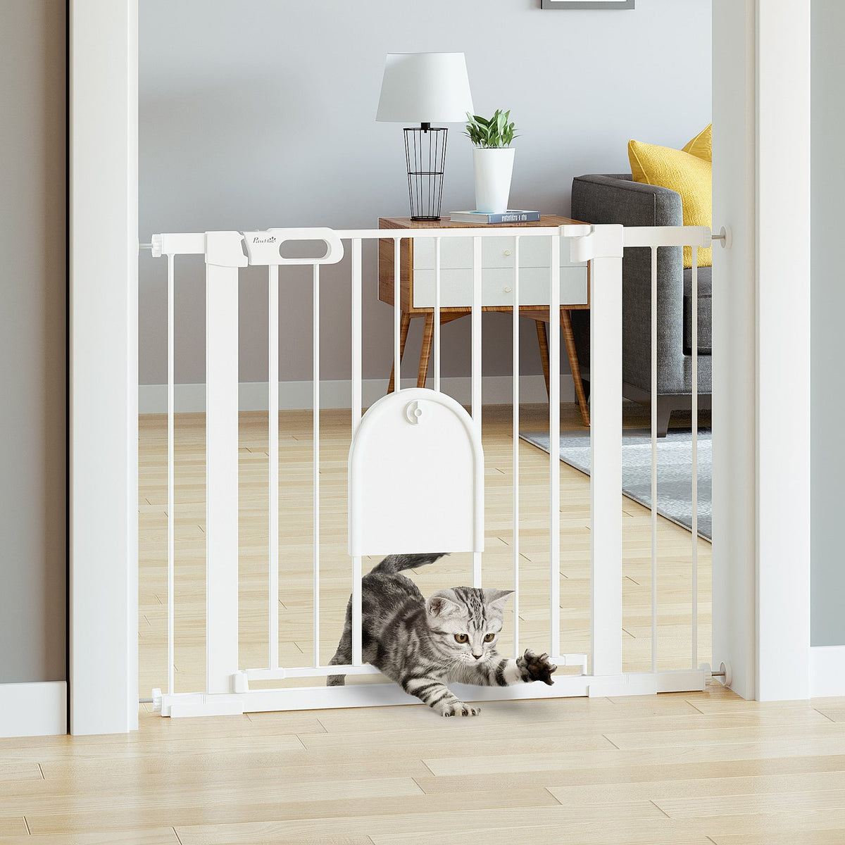 Pet Gate, Adjustable with Small Door, Steel & Plastic, White