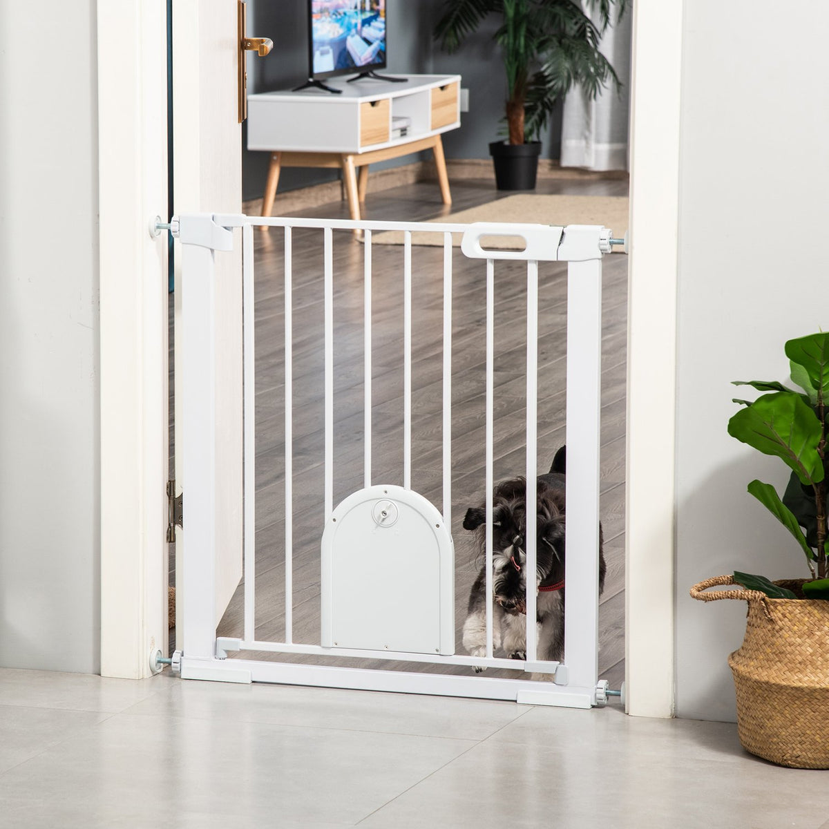 Pet Gate, Adjustable with Small Door, Steel & Plastic, White