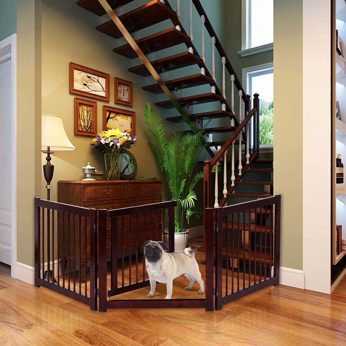 Pet Gate, Foldable Pine Wood, 206 x 61 cm, 3 Pieces