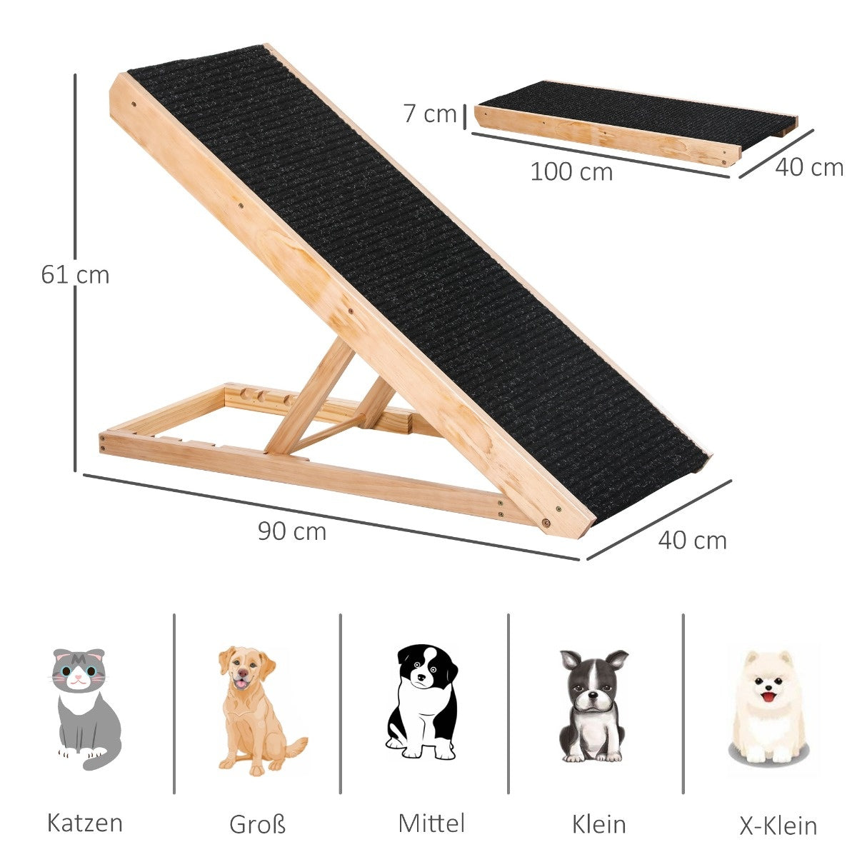 Pet Ramp Adjustable Dog Ramp With Non-Slip Carpet, Pinewood, Polyester, 90X40X61Cm