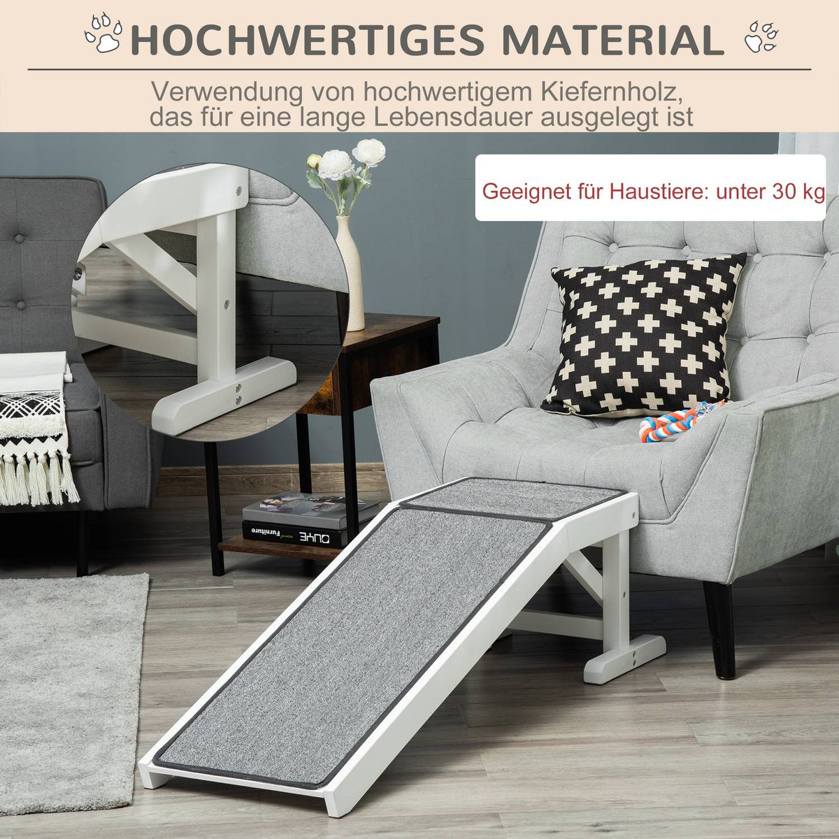 Pet Ramp With Non-Slip Carpet Pet Ladder Dog Ramp For Dogs Up To 30 Kg Pine Wood Polyester White + Gray 125 X 40 X 35.5 Cm