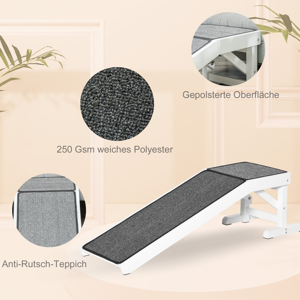 Pet Ramp With Non-Slip Carpet Pet Ladder Dog Ramp For Dogs Up To 30 Kg Pine Wood Polyester White + Gray 125 X 40 X 35.5 Cm
