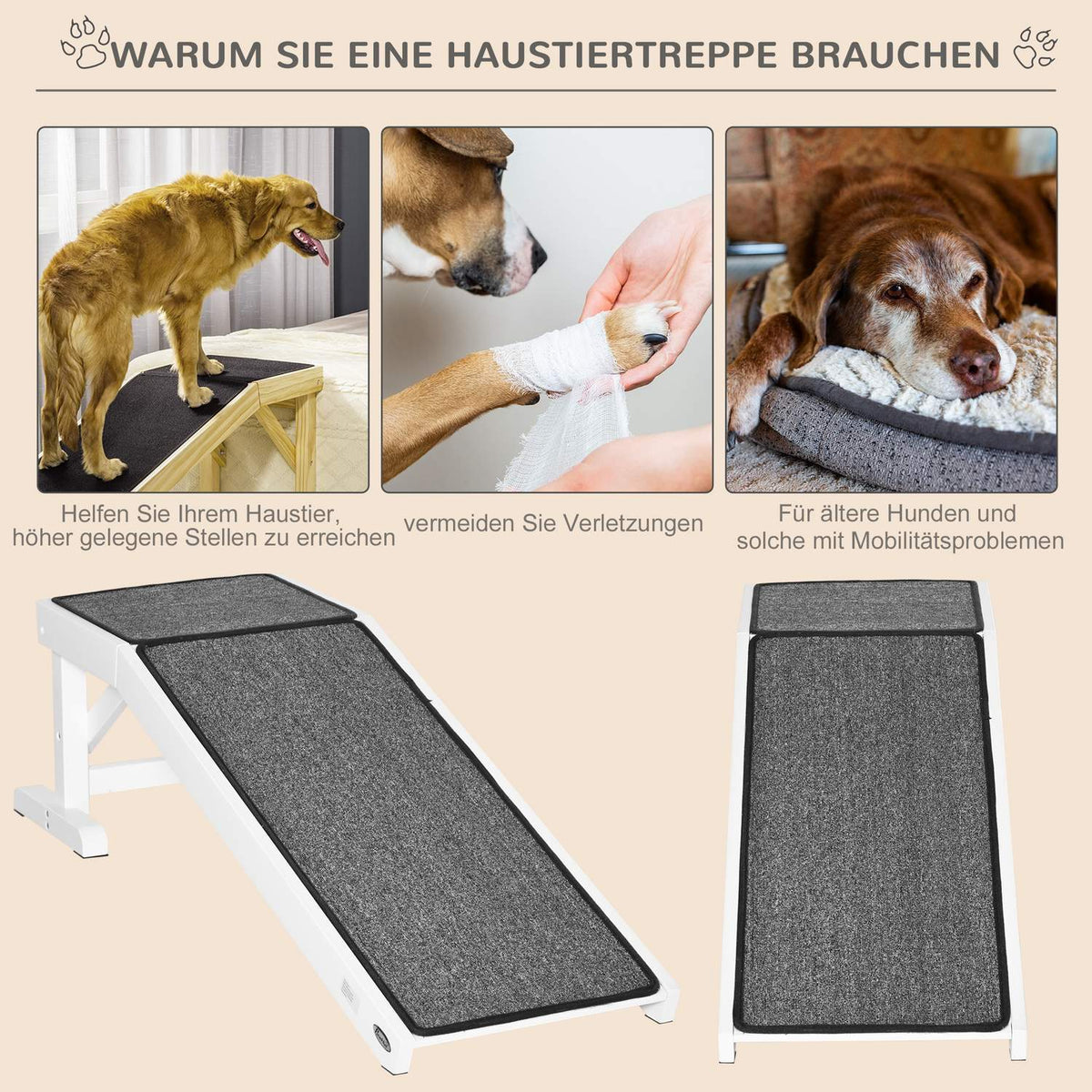Pet Ramp With Non-Slip Carpet Pet Ladder Dog Ramp For Dogs Up To 30 Kg Pine Wood Polyester White + Gray 125 X 40 X 35.5 Cm