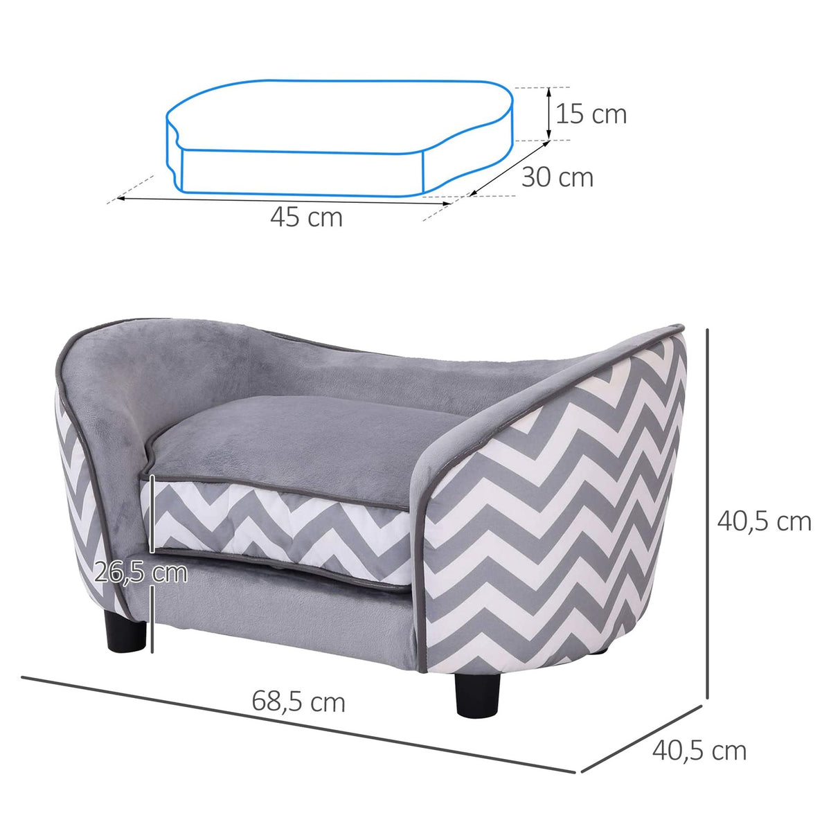 Pet Sofa Dog Couch, Dog Sofa, Dog Bed, Cat Sofa, Padded, Wood, Foam, Gray, 68.5X40.5X40.5Cm