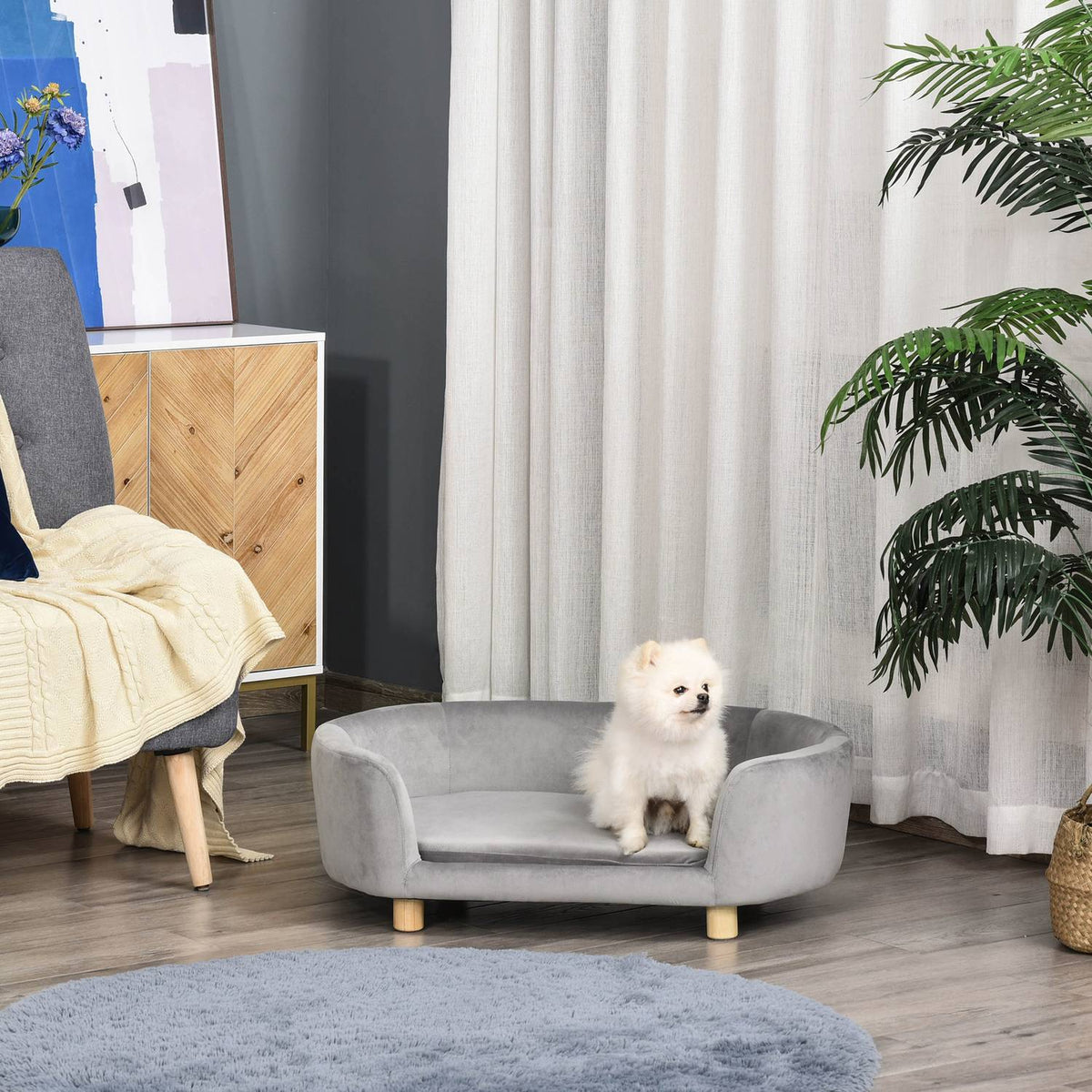 Pet Sofa Dog Sofa Dog Bed With Dutch Velvet Foam Birch Leg For Cats Dogs 86 X 55 X 33 Cm Light Gray