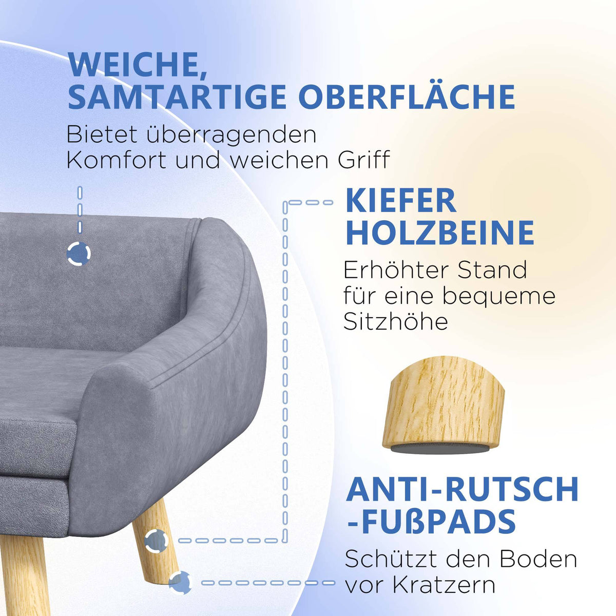 Pet Sofa in Grey Velvet, Removable Cushion, 102 x 58.5 x 42.5 cm