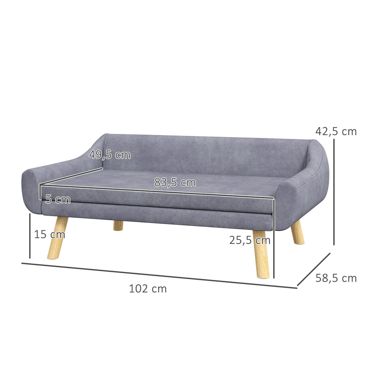 Pet Sofa in Grey Velvet, Removable Cushion, 102 x 58.5 x 42.5 cm