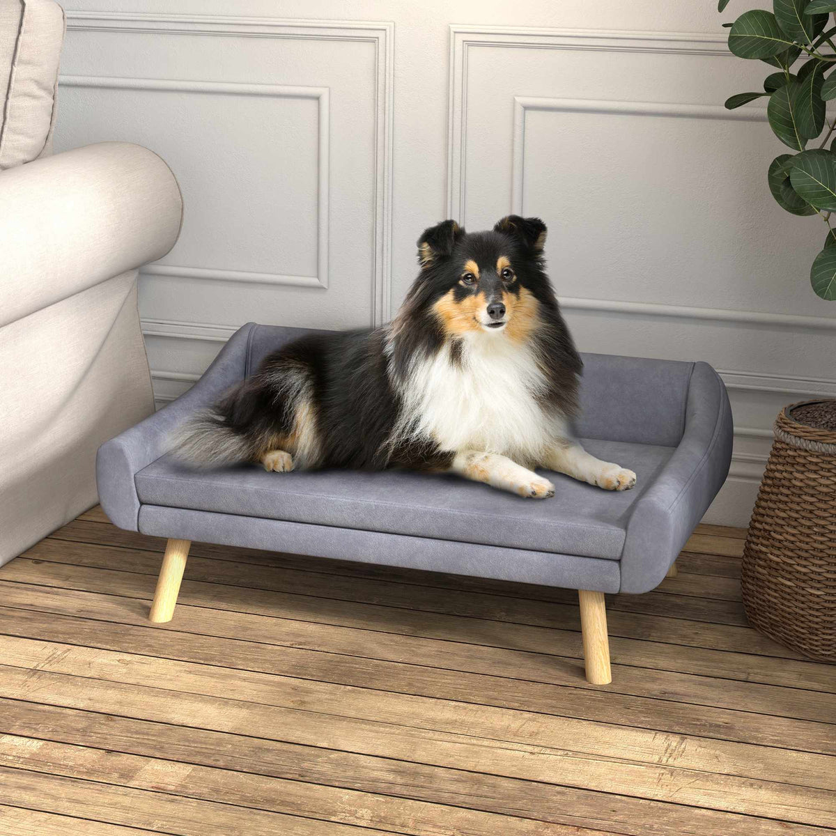 Pet Sofa in Grey Velvet, Removable Cushion, 102 x 58.5 x 42.5 cm