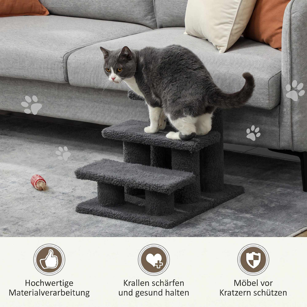 Pet Staircase with 3 Steps, Dark Gray Plush, 45x35x34 cm