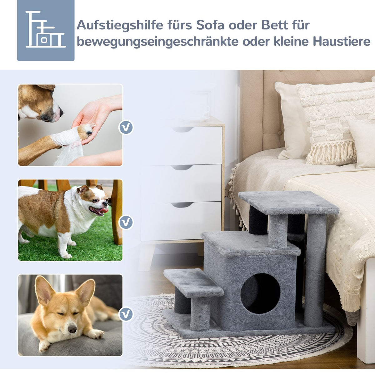 Pet Stairs 3/4 Step Cat Stairs With Sleeping Cave & Hanging Play Ball Chipboard Plush