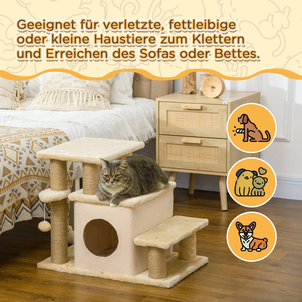 Pet Stairs, 3/4-Step Height-Adjustable Cat Stairs With Sleeping Cave, 2-In-1 Dog Ramp Climbing Aid For Cats Up To 5Kg