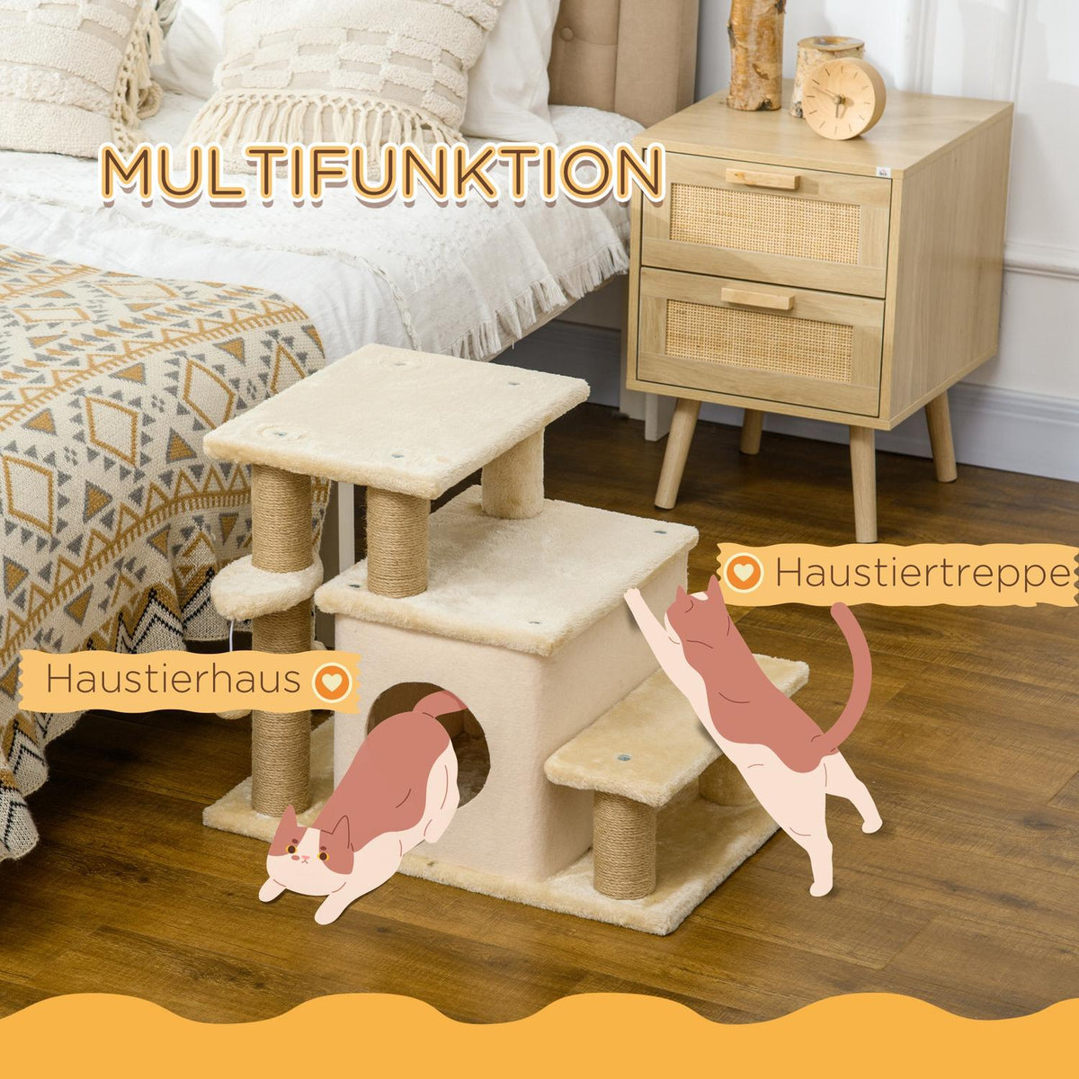 Pet Stairs, 3/4-Step Height-Adjustable Cat Stairs With Sleeping Cave, 2-In-1 Dog Ramp Climbing Aid For Cats Up To 5Kg