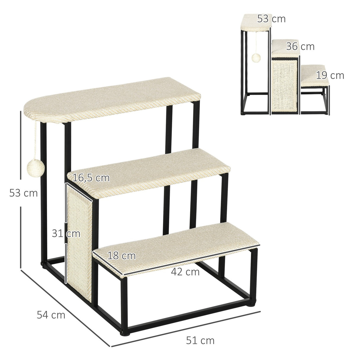 Pet Stairs 3-Step Cat Stairs Dog Stairs With Scratching Board And Hanging Play Ball Animal Stairs Steel Sisal Cream White + Black 51X54X53Cm