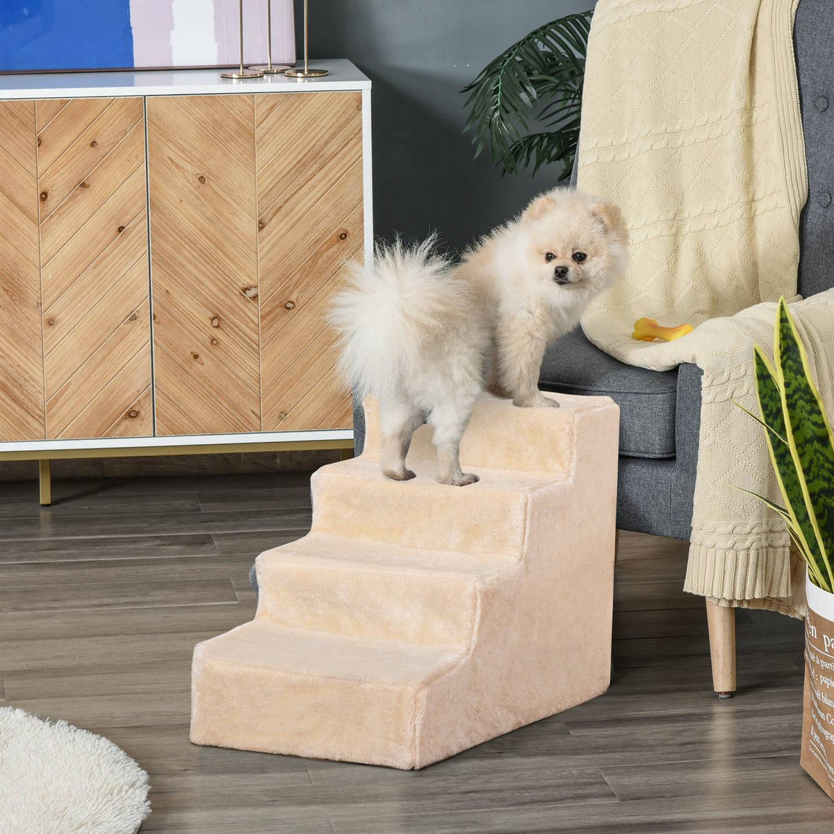 Pet Stairs 4-Step Dog Ramp with Removable Cover Cat Stairs Dog Stairs Animal Stairs Chipboard Plush Beige 60 x 35 x 44 cm