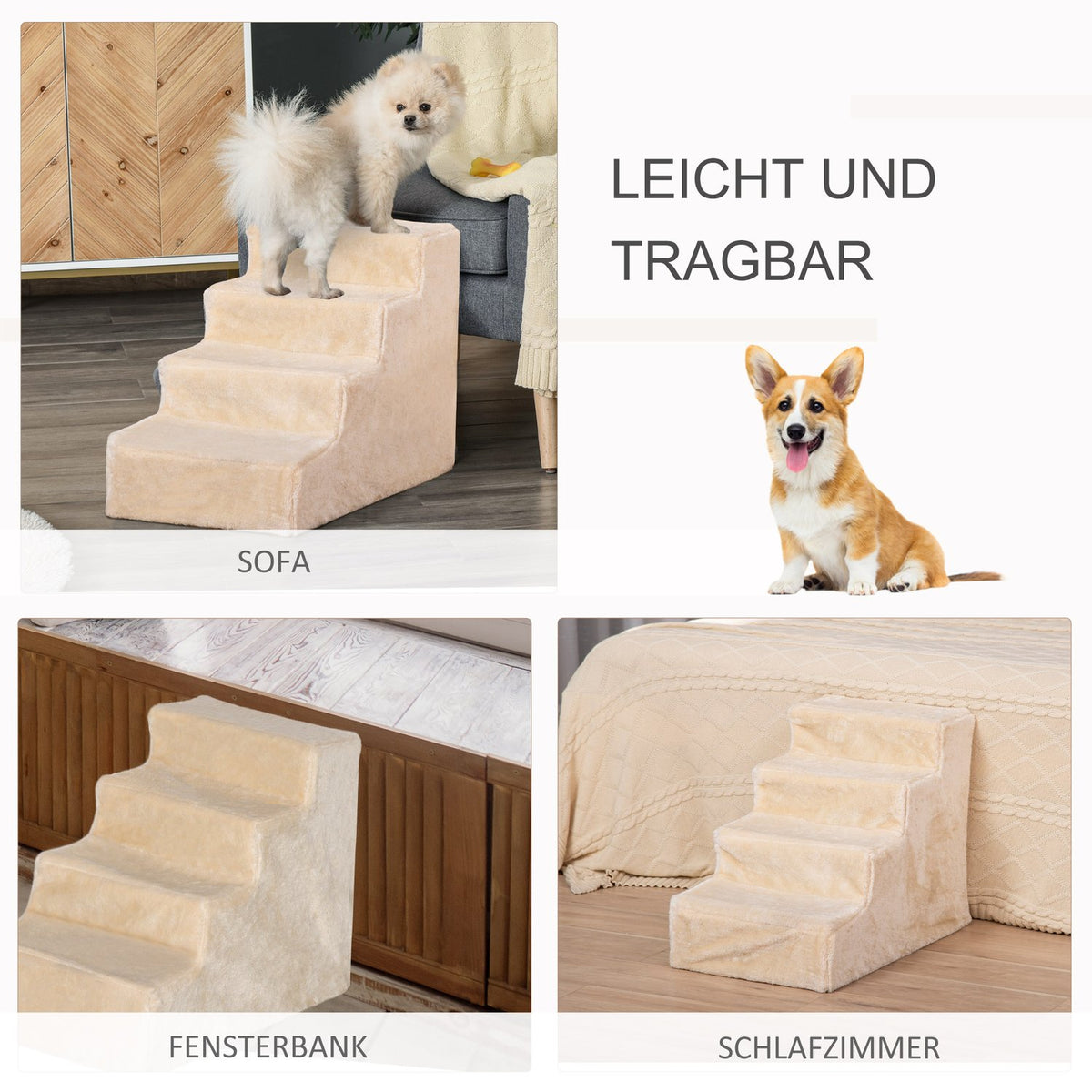 Pet Stairs 4-Step Dog Ramp with Removable Cover Cat Stairs Dog Stairs Animal Stairs Chipboard Plush Beige 60 x 35 x 44 cm