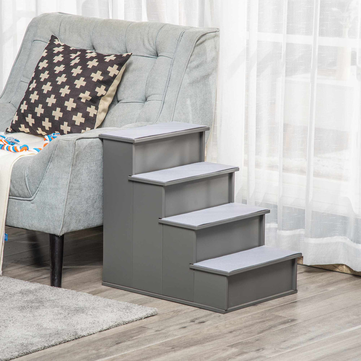 Pet Stairs, 4-Step, Plush Carpet, 30 kg Capacity, Grey