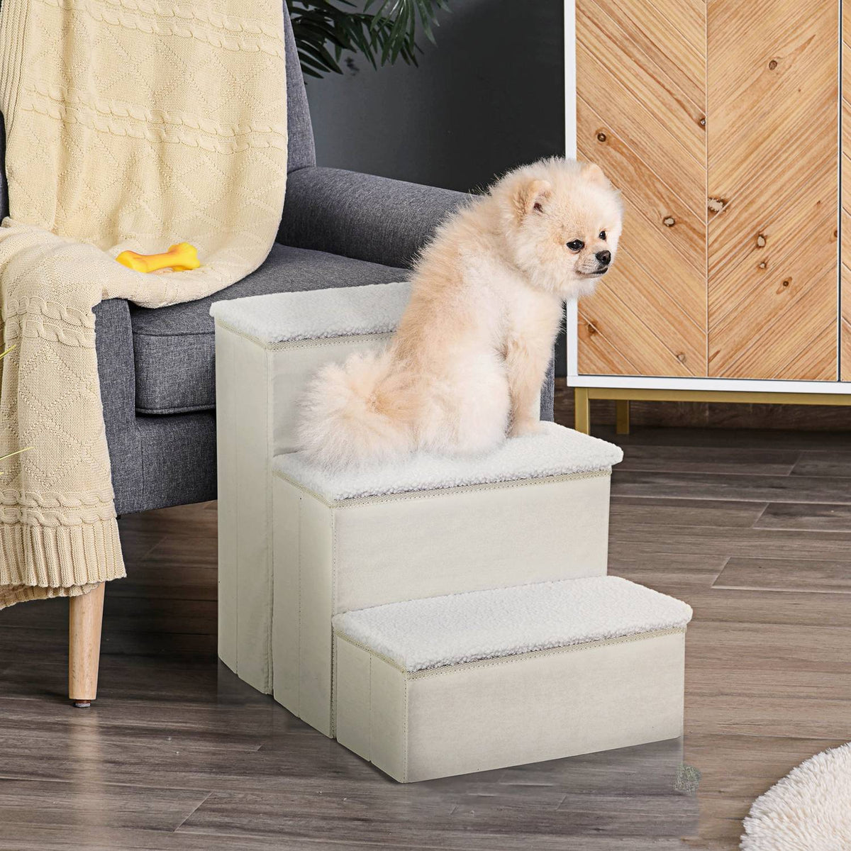 Pet Stairs Foldable Cat Stairs/Dog Stairs With 3 Steps & Storage Space, For Cats And Dogs, Mdf, White, 40X54X48Cm