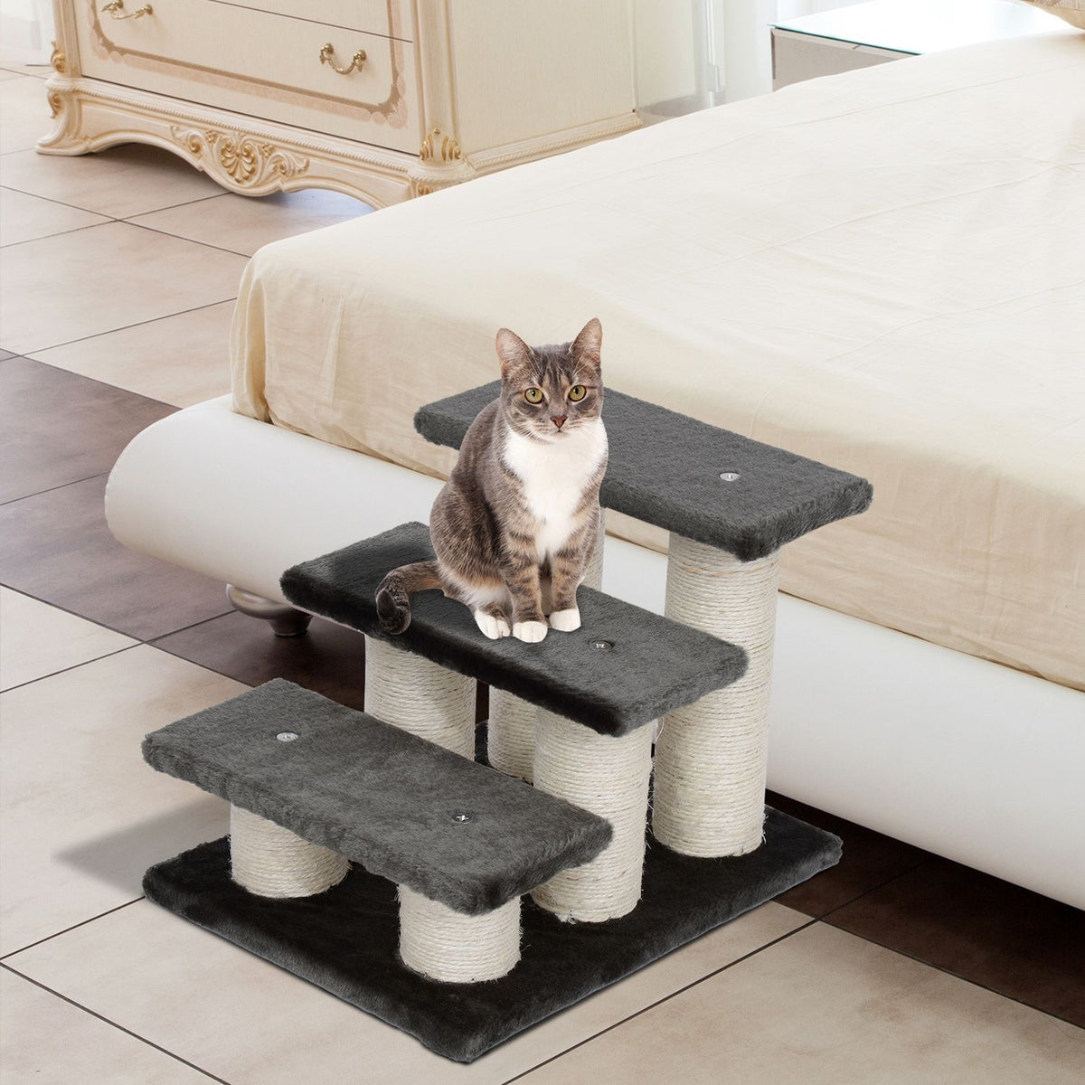 Pet Stairs For Cats And Dogs 3-Step Dog Stairs & Cat Stairs, Plush, Dark Gray, 45X35X34Cm