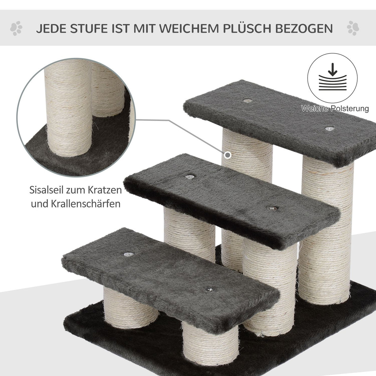 Pet Stairs For Cats And Dogs 3-Step Dog Stairs & Cat Stairs, Plush, Dark Gray, 45X35X34Cm