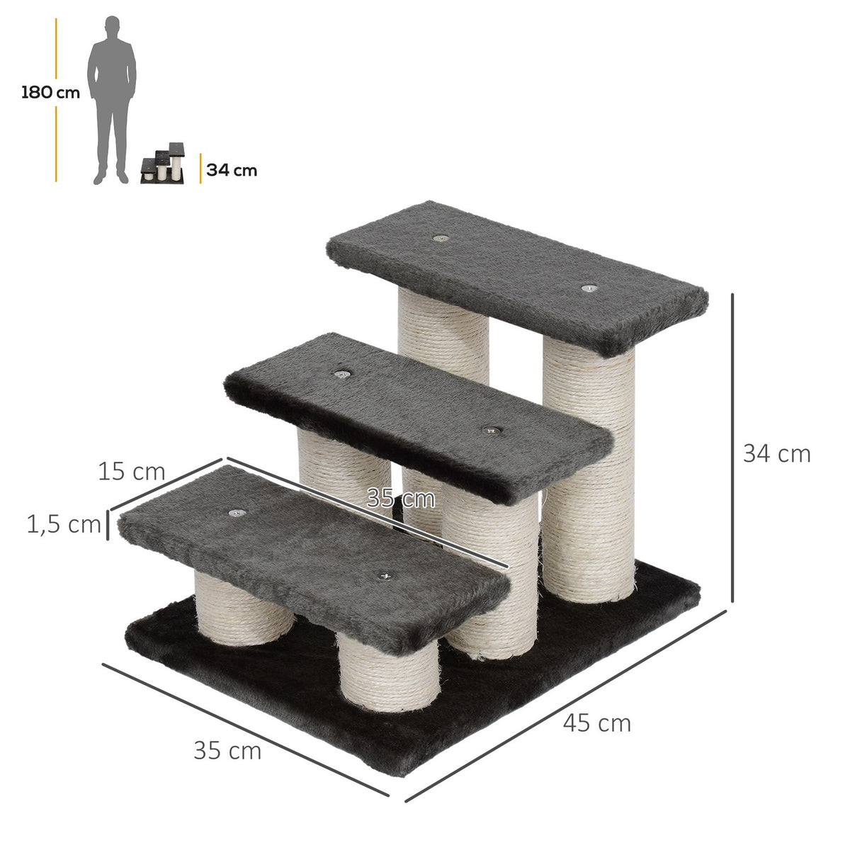Pet Stairs For Cats And Dogs 3-Step Dog Stairs & Cat Stairs, Plush, Dark Gray, 45X35X34Cm